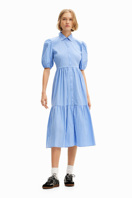W's  Striped Midi Shirt Dress - Light Blue