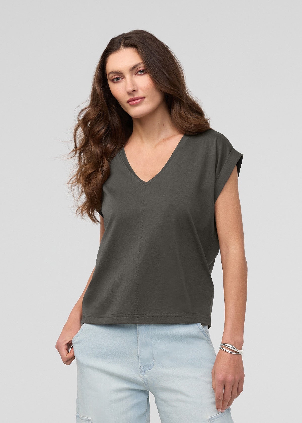 DU/ER Women's PurePima Dolman V-Neck - Evergreen