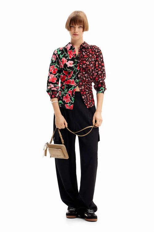 W's Floral gathered shirt - Red, Pink & Black