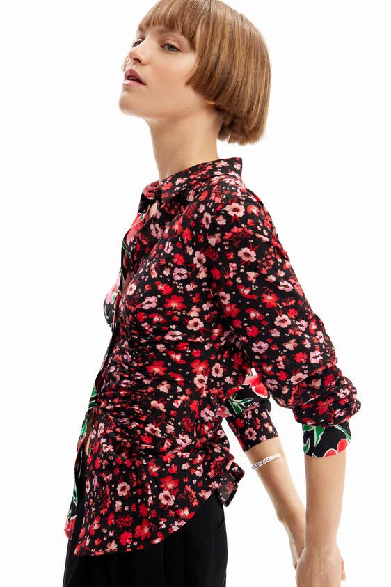 W's Floral gathered shirt - Red, Pink & Black