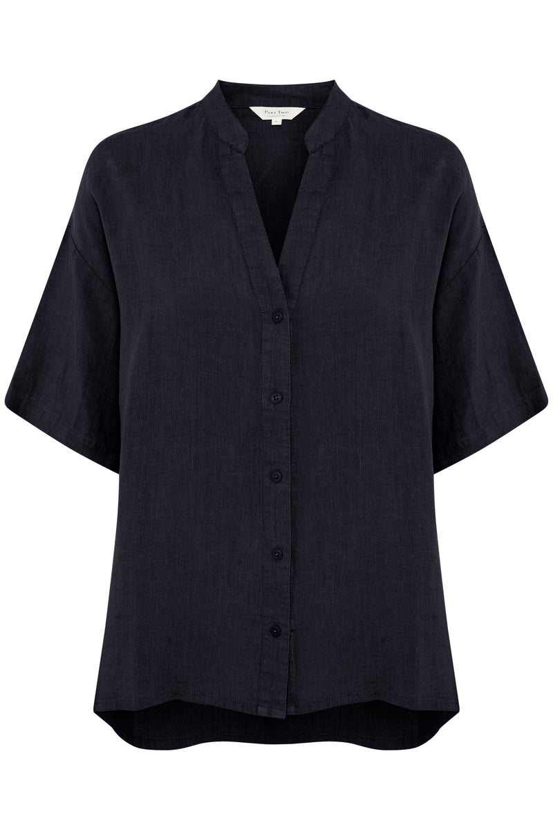 W's Ghita Linen Short Sleeve Shirt- Dark Navy