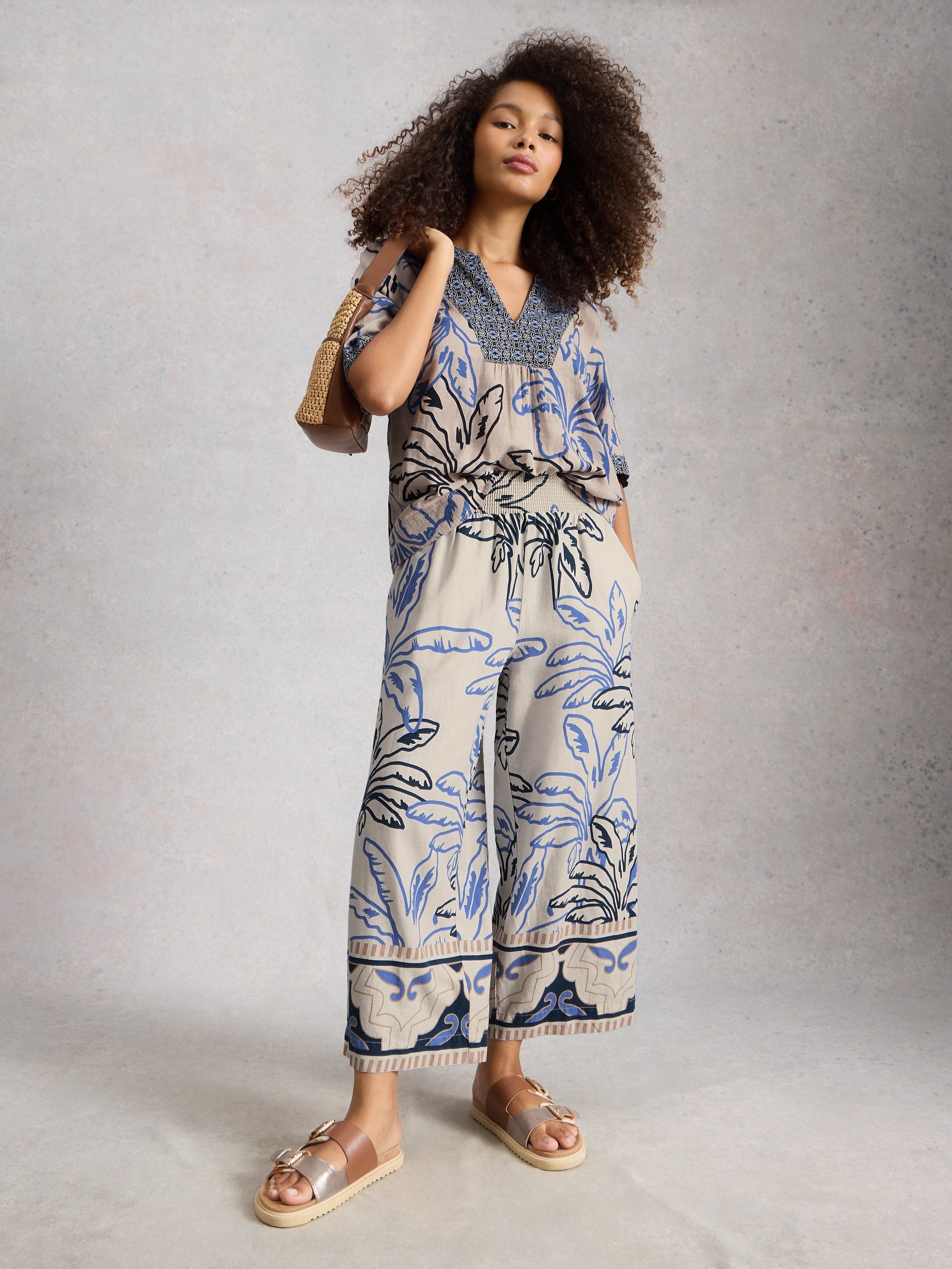 WHITE STUFF Shelly Linen Crop Blend Culotte - Ivory Print