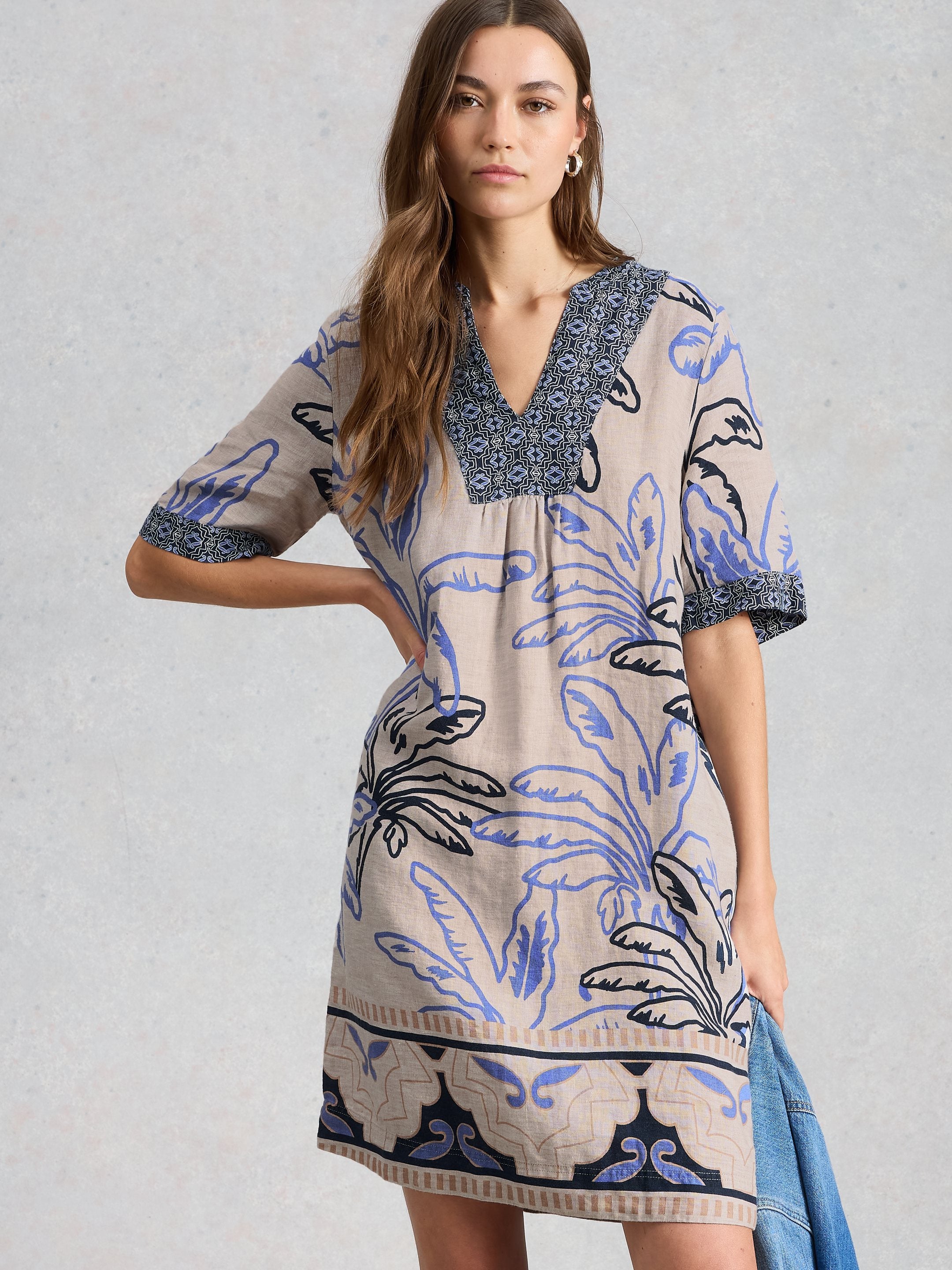 WHITE STUFF Ash Notch Neck Linen Dress - Ivory Multi