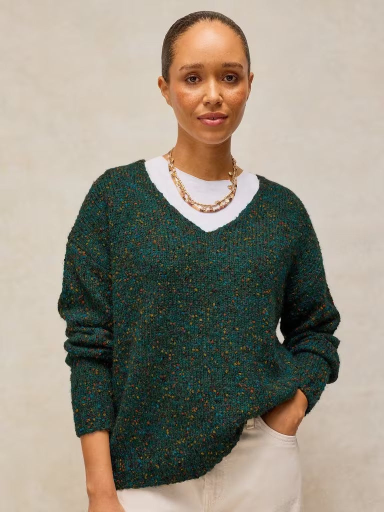 WHITE STUFF Women's Texture V Neck Jumper - Dark Green