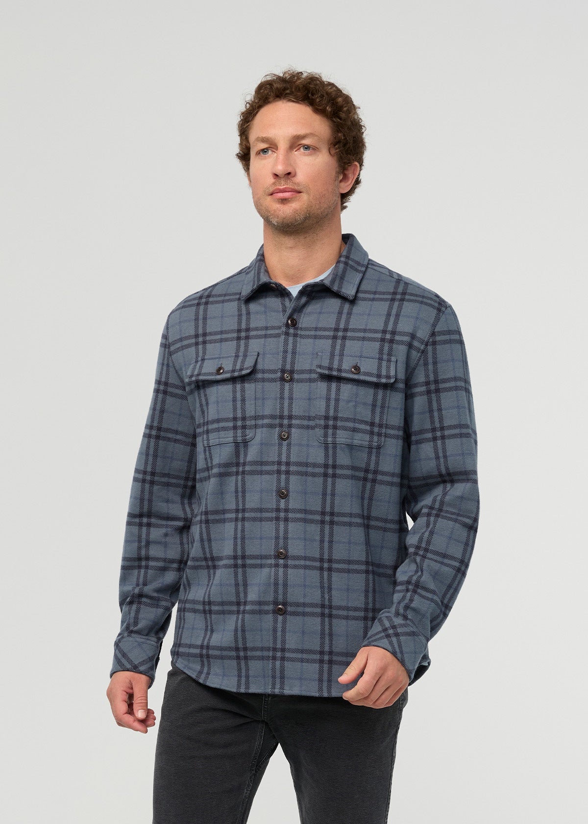 DUER Men's Performance Flannel Overshirt - Marine Plaid