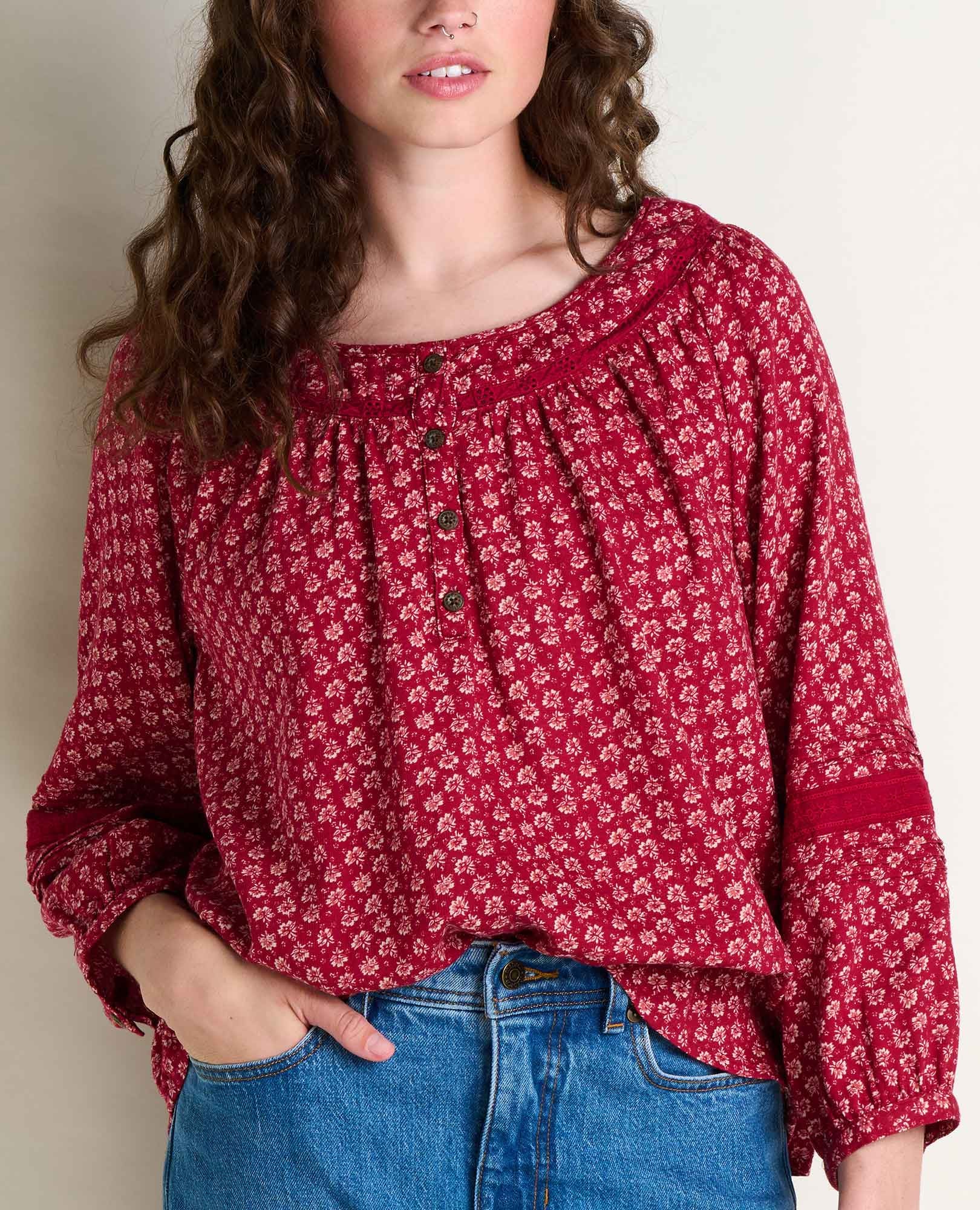 TOAD & CO Women's Manzana Peasant Long Sleeve Shirt - Berry Print