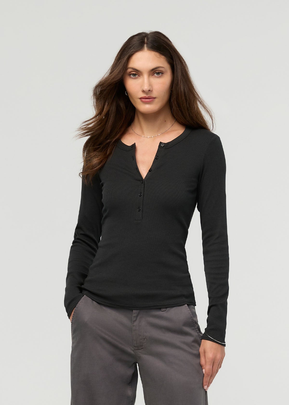 DUER Women's Ribbed Pima Long Sleeve Henley - Black