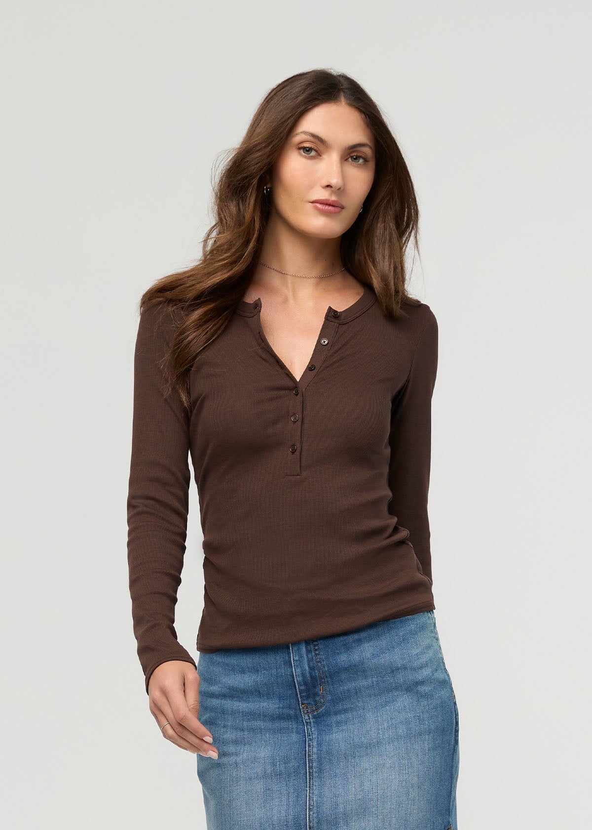 DUER Women's Ribbed Pima Long Sleeve Henley - Espresso