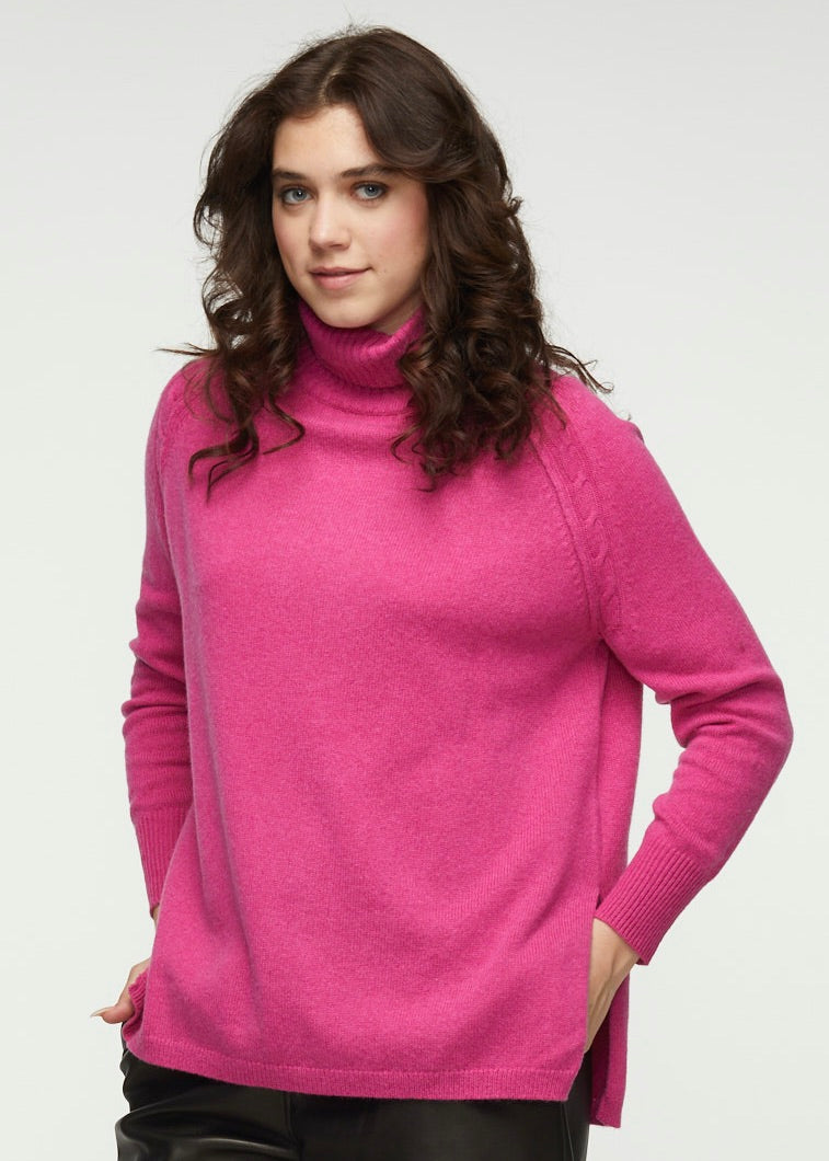W's Cable Trim Roll Neck - Pink