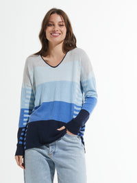 Zaket & Plover -ZP7404U - Varied Stripe V Sweater - Marl