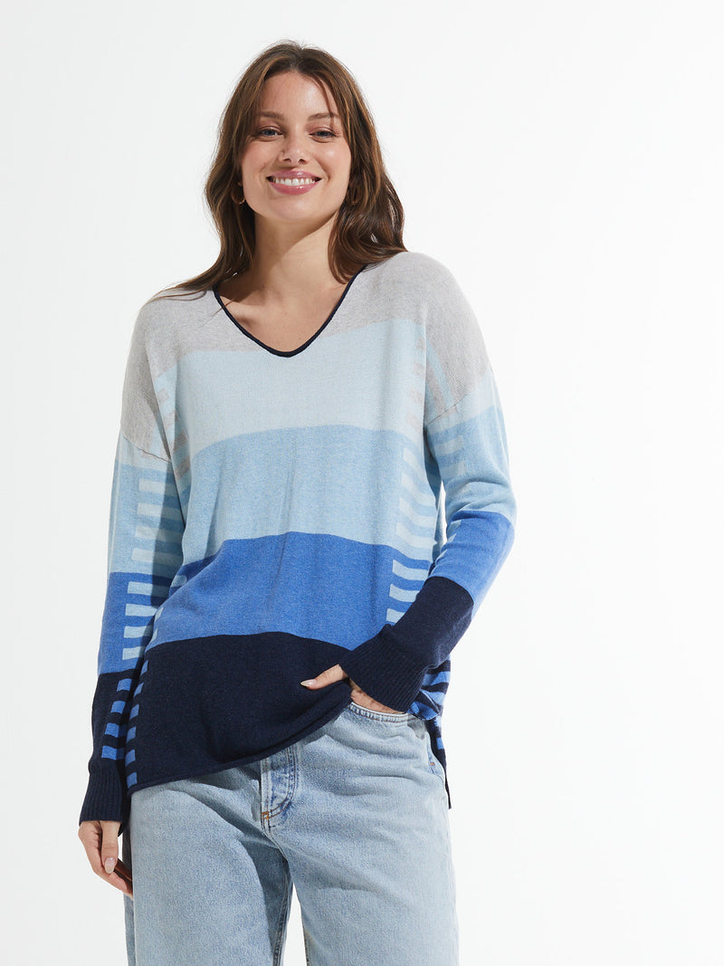 Zaket & Plover -ZP7404U - Varied Stripe V Sweater - Marl