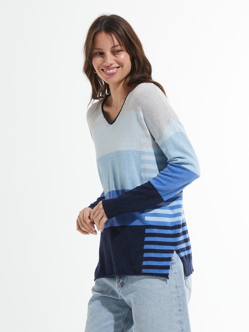 Zaket & Plover -ZP7404U - Varied Stripe V Sweater - Marl