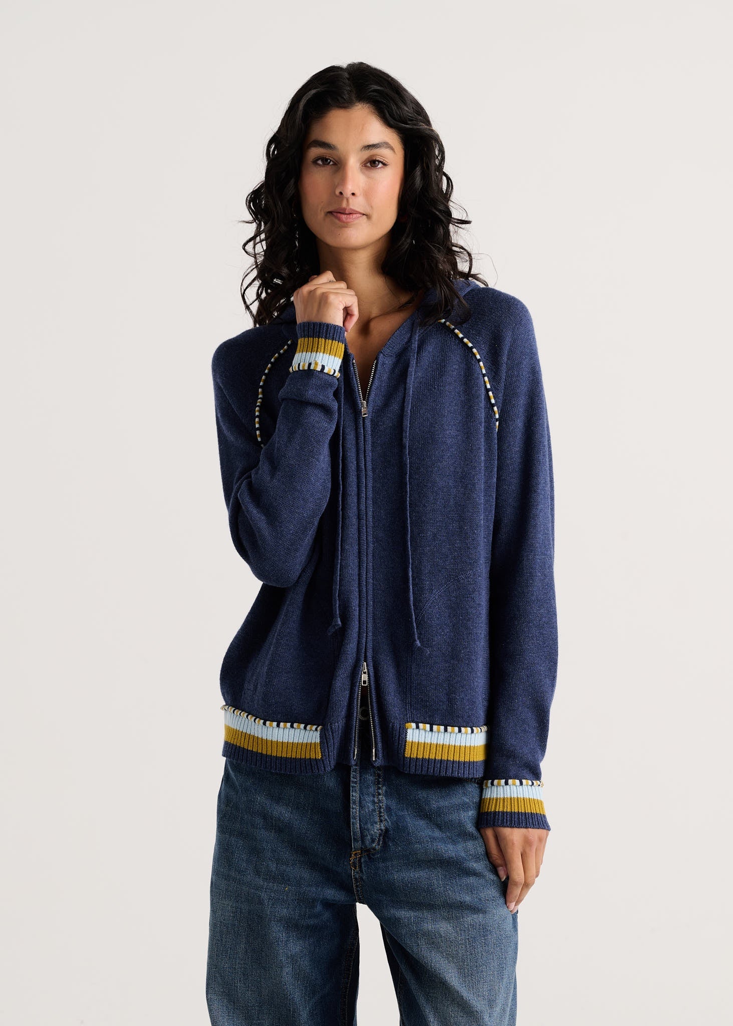 ZAKET & PLOVER ZP8507U Stripe Trim Zip-Up Hoodie - Denim