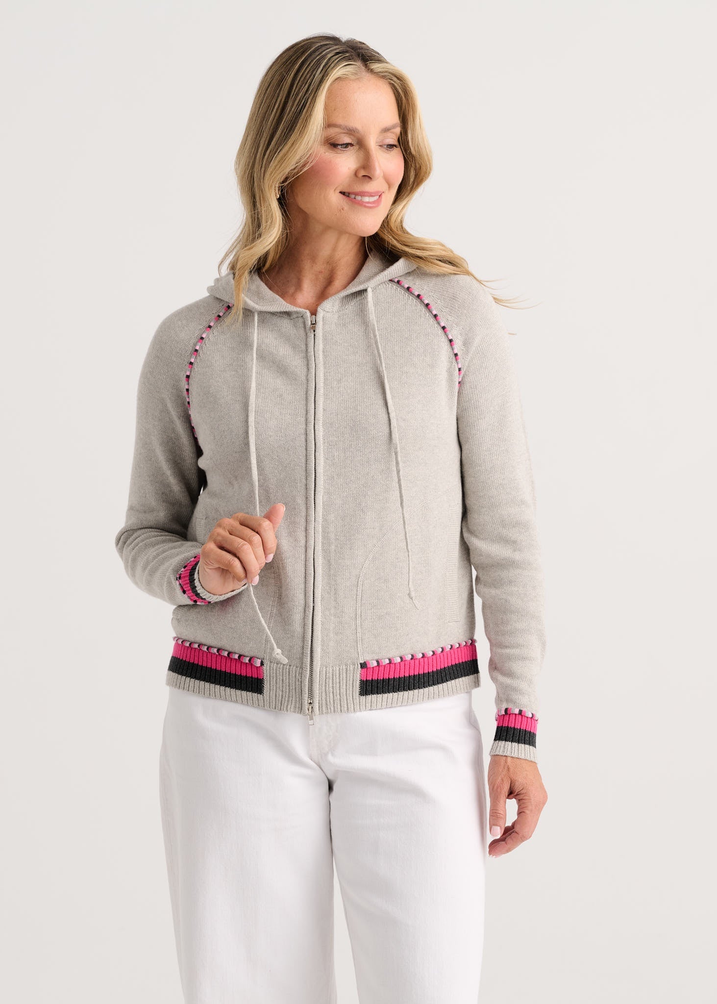 ZAKET & PLOVER ZP8507U Stripe Trim Zip-Up Hoodie -Marl