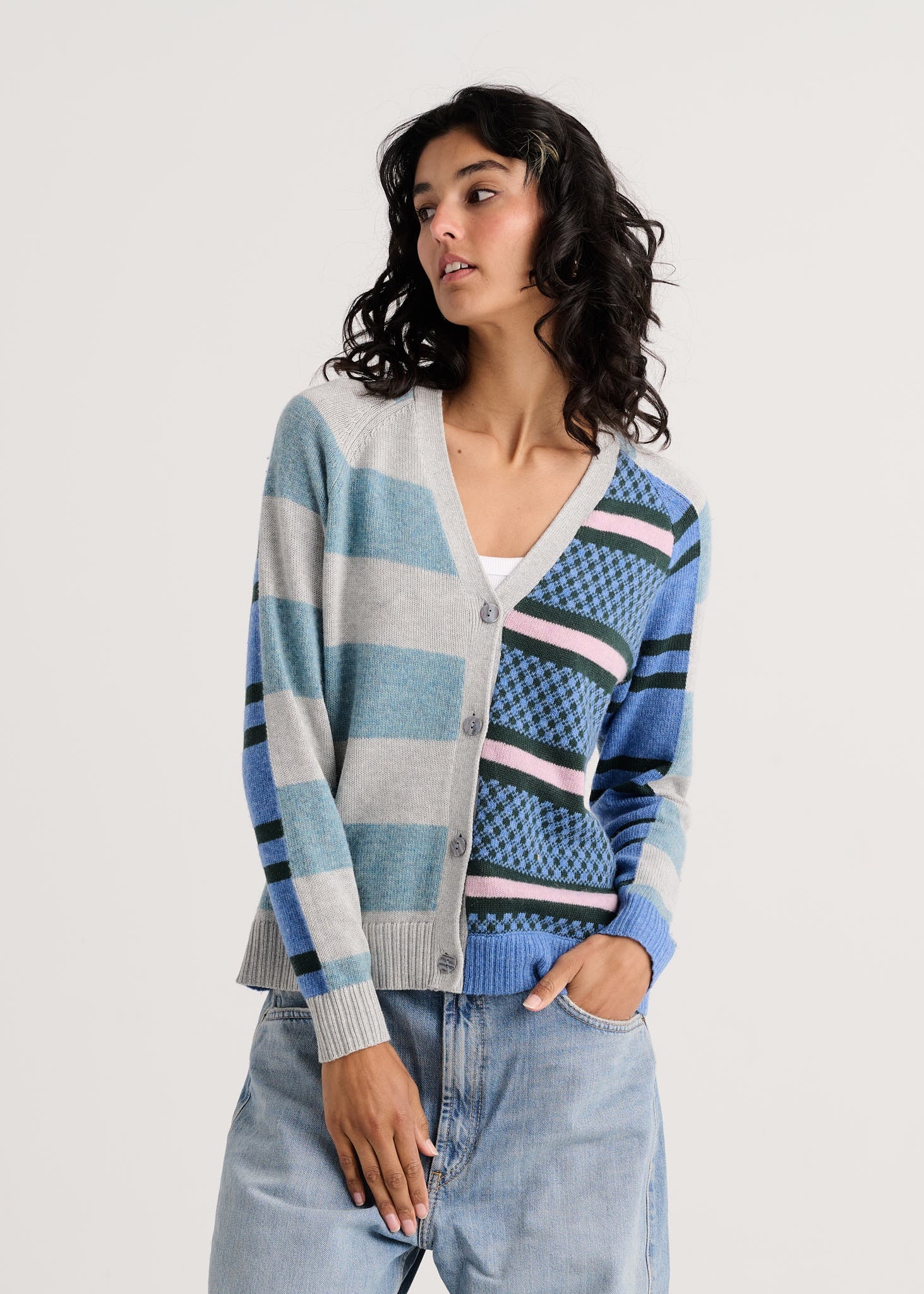 ZAKET & PLOVER ZP8540U Stripe Meets Check Cardi - Marl