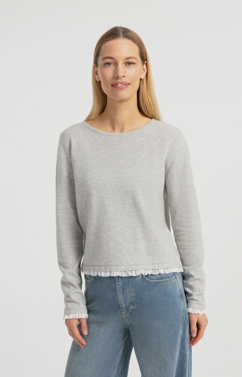 YAYA Knit Top With Ruffle Trim - Medium Grey Melange