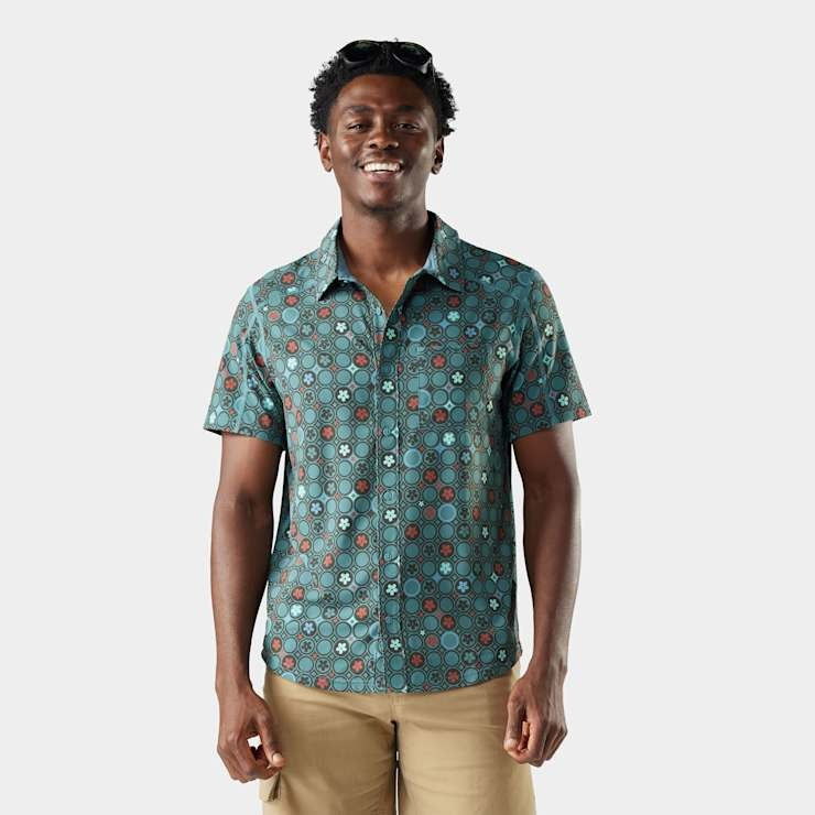 SMARTWOOL Men's Everyday Short Sleeve Button Down - Dusty Teal Geo Floral