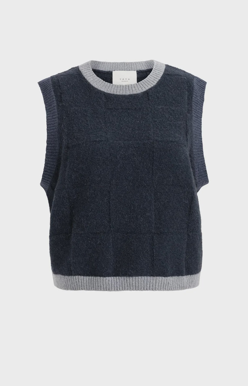 YAYA Knit Spencer Vest With Contrast Trim - Cat Black Dessin