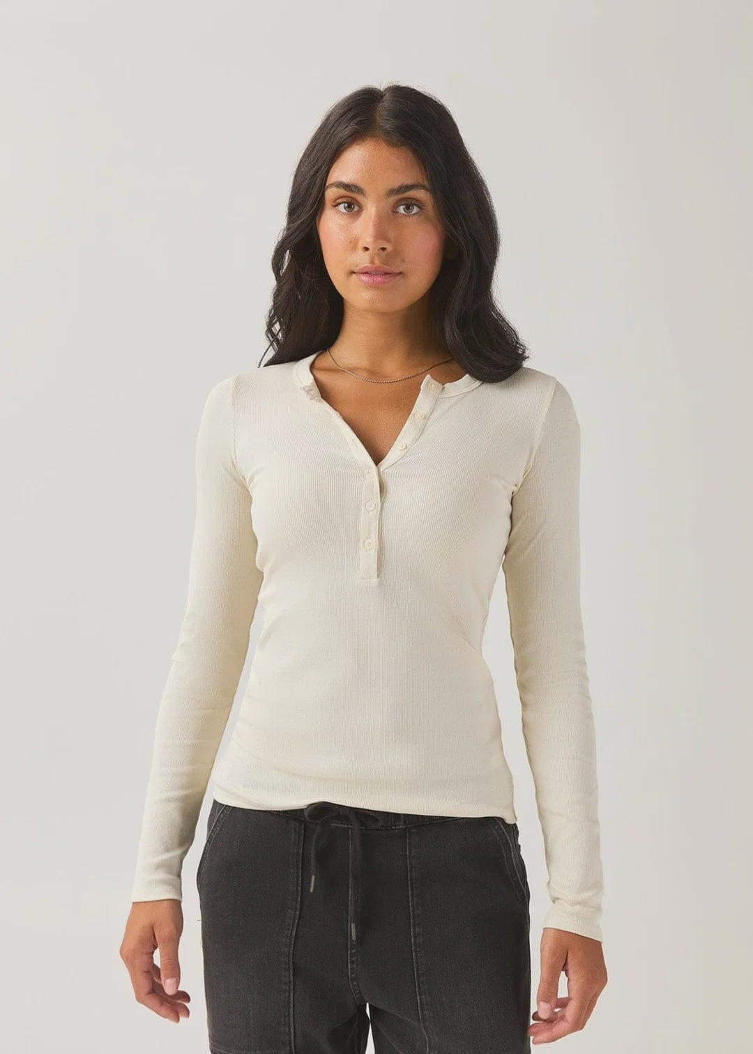 DUER Women's Ribbed Pima Long Sleeve Henley - Ecru